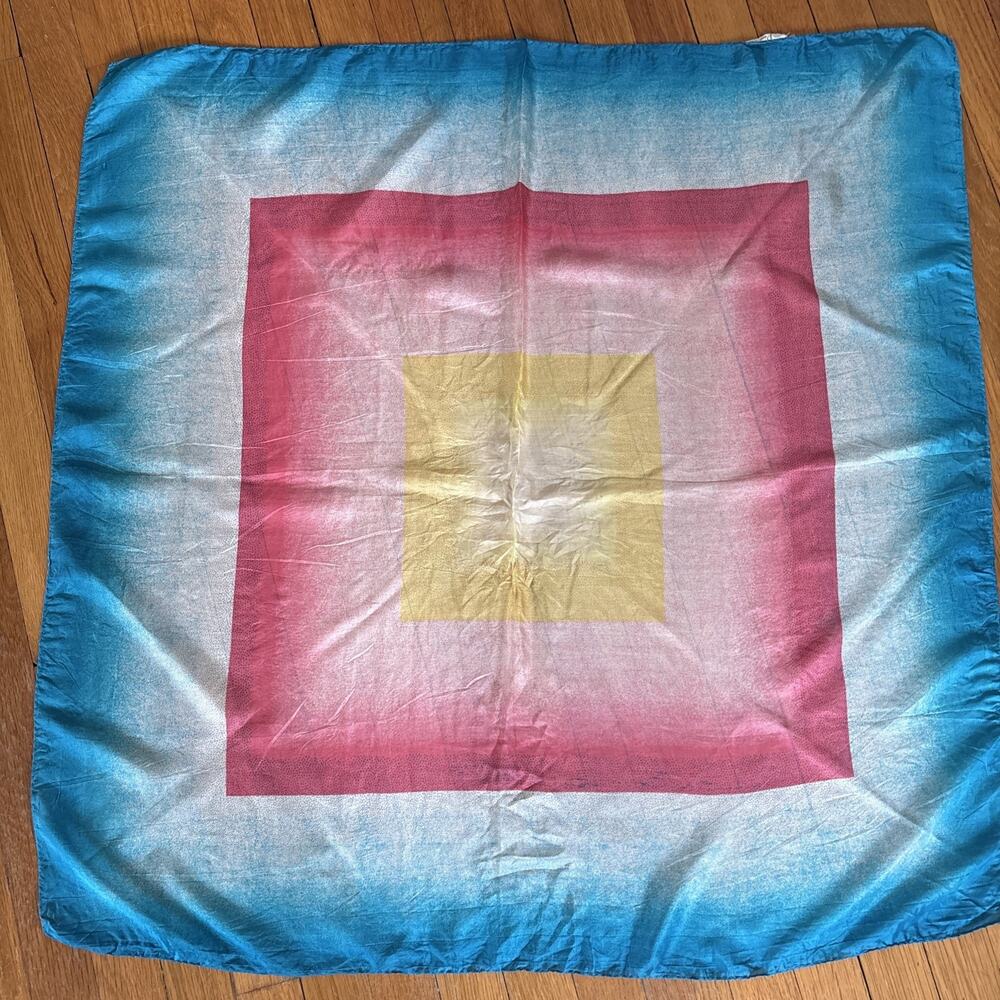 VTG Silk Square Scarf Gradient Yellow Red Blue Geometric Rolled Hem Head Wrap